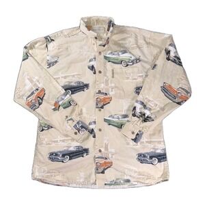Magellan Mens M Vintage AOP Cars Print Shirt Beige Button Up Casual Outdoor